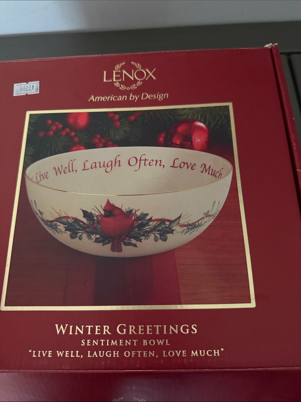 Lenox Cream Holiday Serving Bowl with Red Script and Gold Rim - Picture 4 of 5